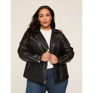 Plus Size 14/16 Black Faux Leather Moto Biker Jacket Silver zippers Lane Bryant